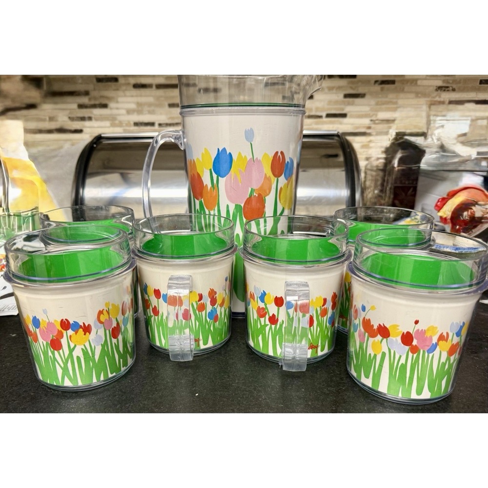 Retro Thermo-Serv Audrey St Set Pitcher & 6 Cups Floral Tropez Tulips 1984 VTG